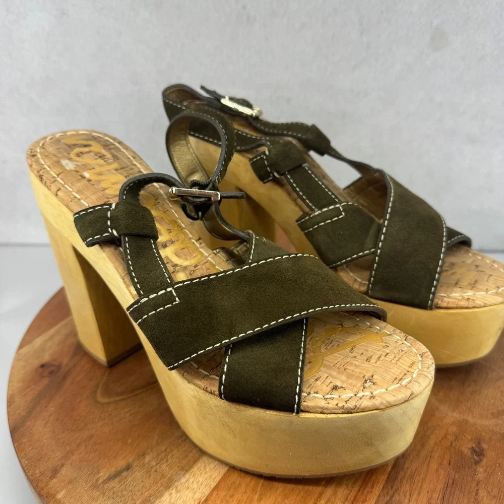 Sam Edelman Mae Olive Green Suede Cork Platform Heel Ankle Strap Block Heel 8.5M